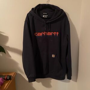 Carhartt Dark Blue Hoodie with Bright Orange Logo